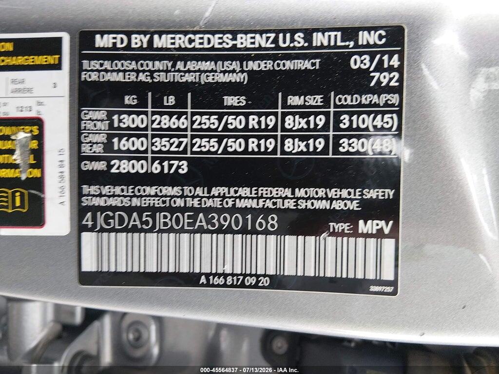 4JGDA5JB0EA390168 2014 MERCEDES-BENZ ML 350 photo no. 9