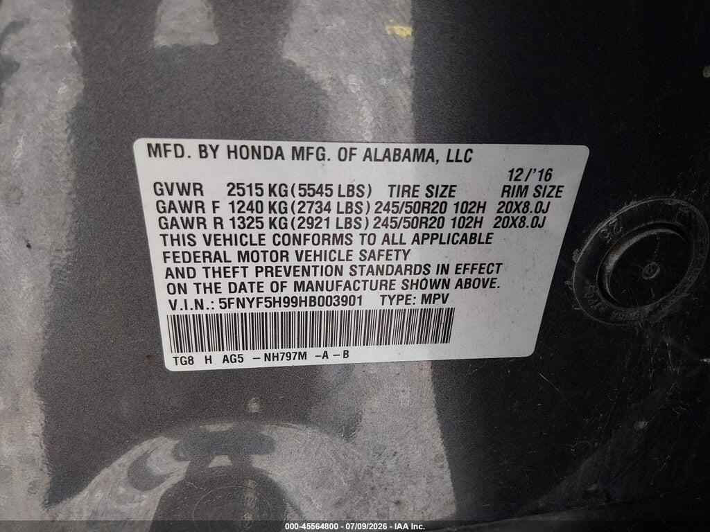 5FNYF5H99HB003901 2017 HONDA PILOT photo no. 9
