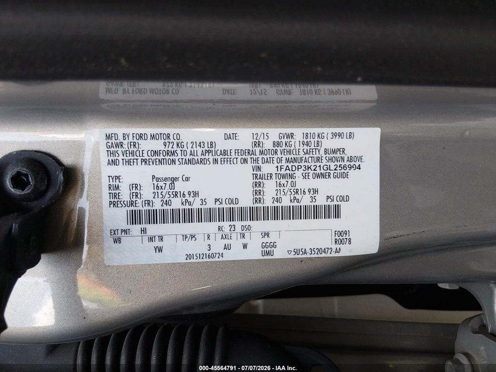 1FADP3K21GL256904 2016 FORD FOCUS photo no. 9