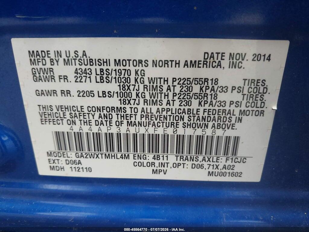 4A4AP3AUXFE017587 2015 MITSUBISHI OUTLANDER SPORT photo no. 9