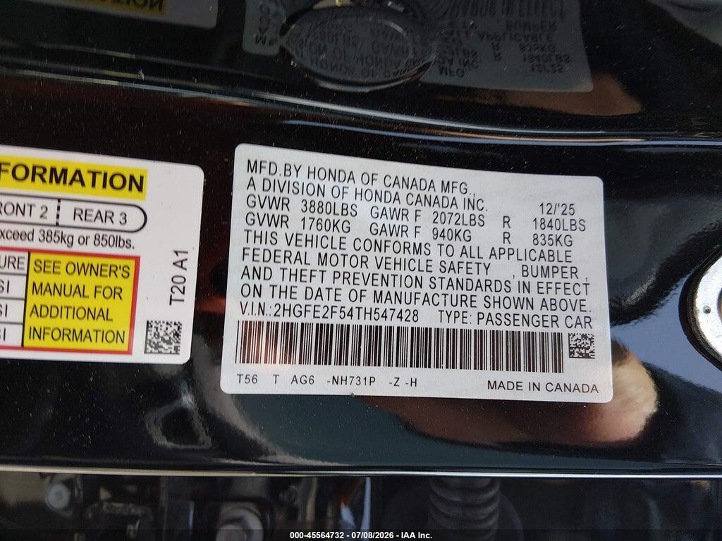 2HGFE2F54TH547428 2026 HONDA CIVIC photo no. 9