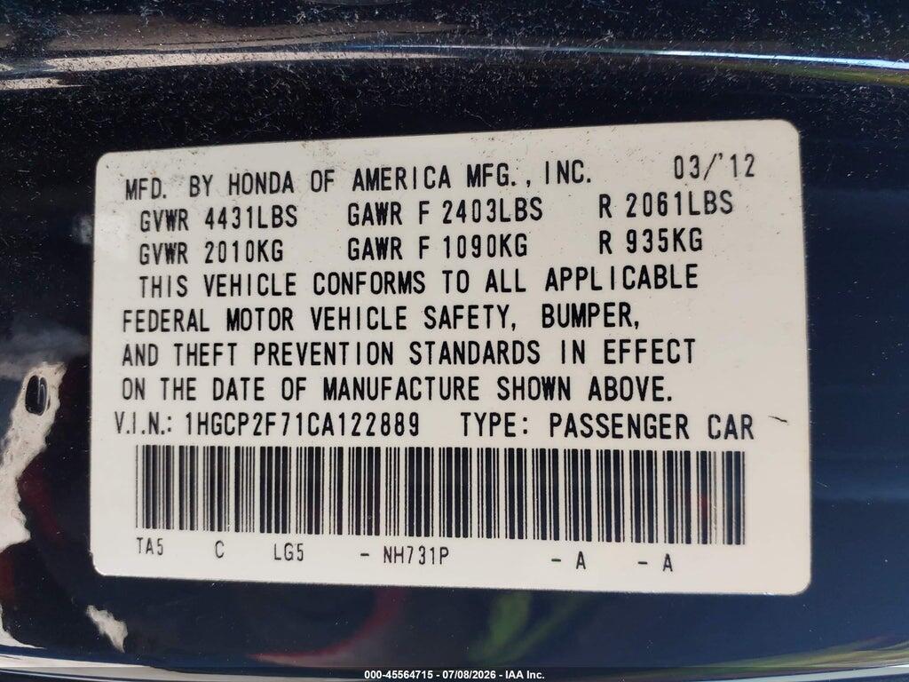 1HGCP2F71CA122889 2012 HONDA ACCORD photo no. 9