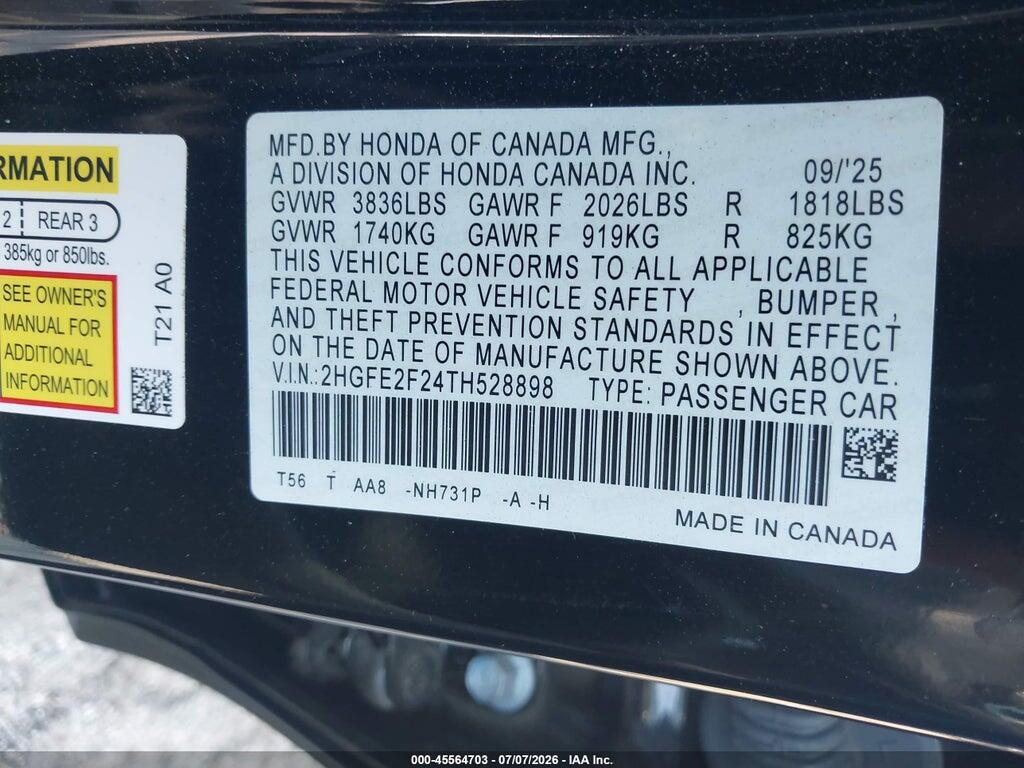 2HGFE2F24TH528898 2026 HONDA CIVIC photo no. 9