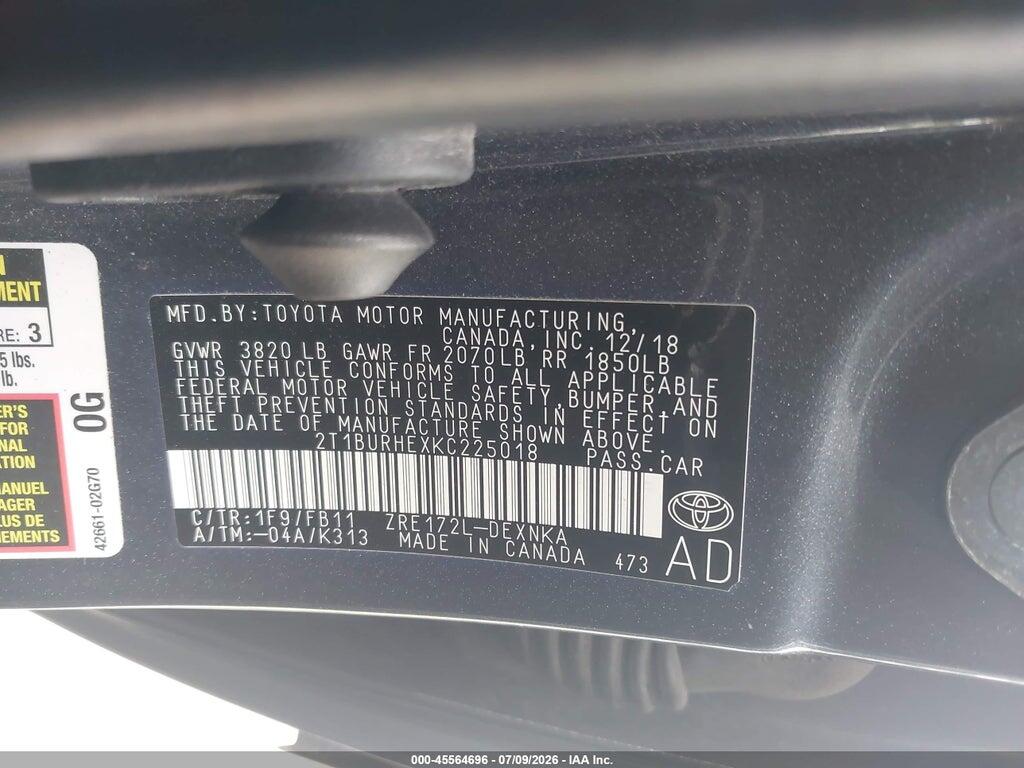 2T1BURHEXKC225018 2019 TOYOTA COROLLA photo no. 9