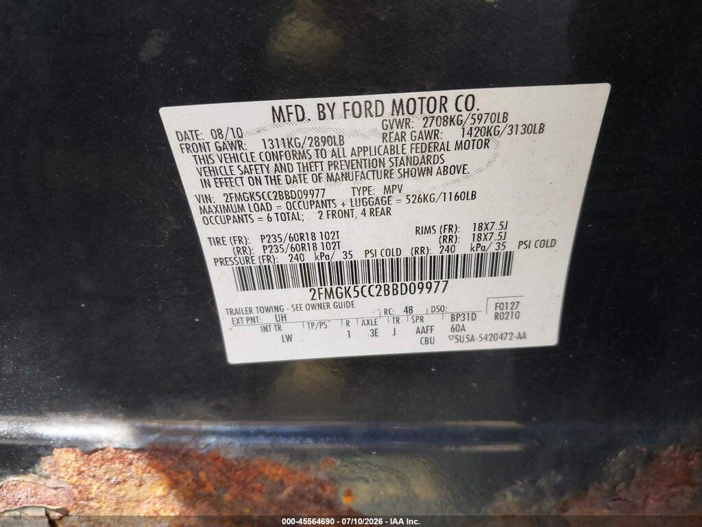 2FMGK5CC2BBD09977 2011 FORD FLEX photo no. 9