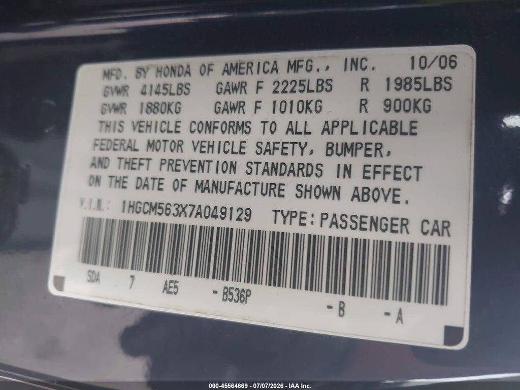 1HGCM563X7A049129 2007 HONDA ACCORD photo no. 9