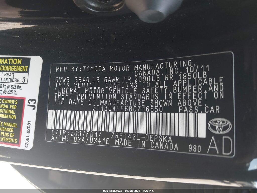 2T1BU4EE6BC716550 2011 TOYOTA COROLLA photo no. 9