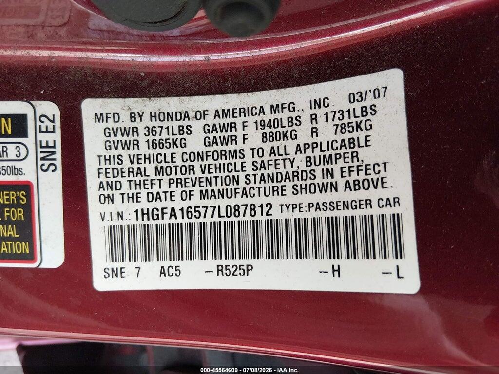 1HGFA16577L087812 2007 HONDA CIVIC photo no. 9