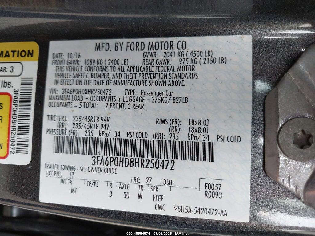 3FA6P0HD8HR250472 2017 FORD FUSION photo no. 9