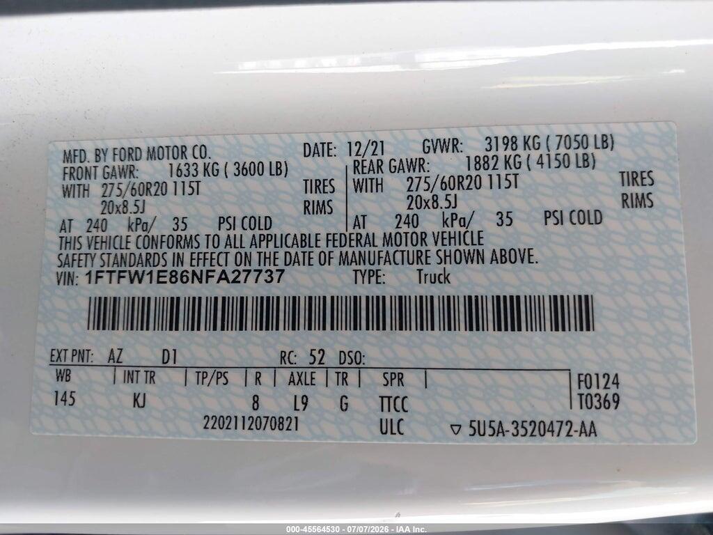 1FTFW1E86NFA27737 2022 FORD F-150 photo no. 9