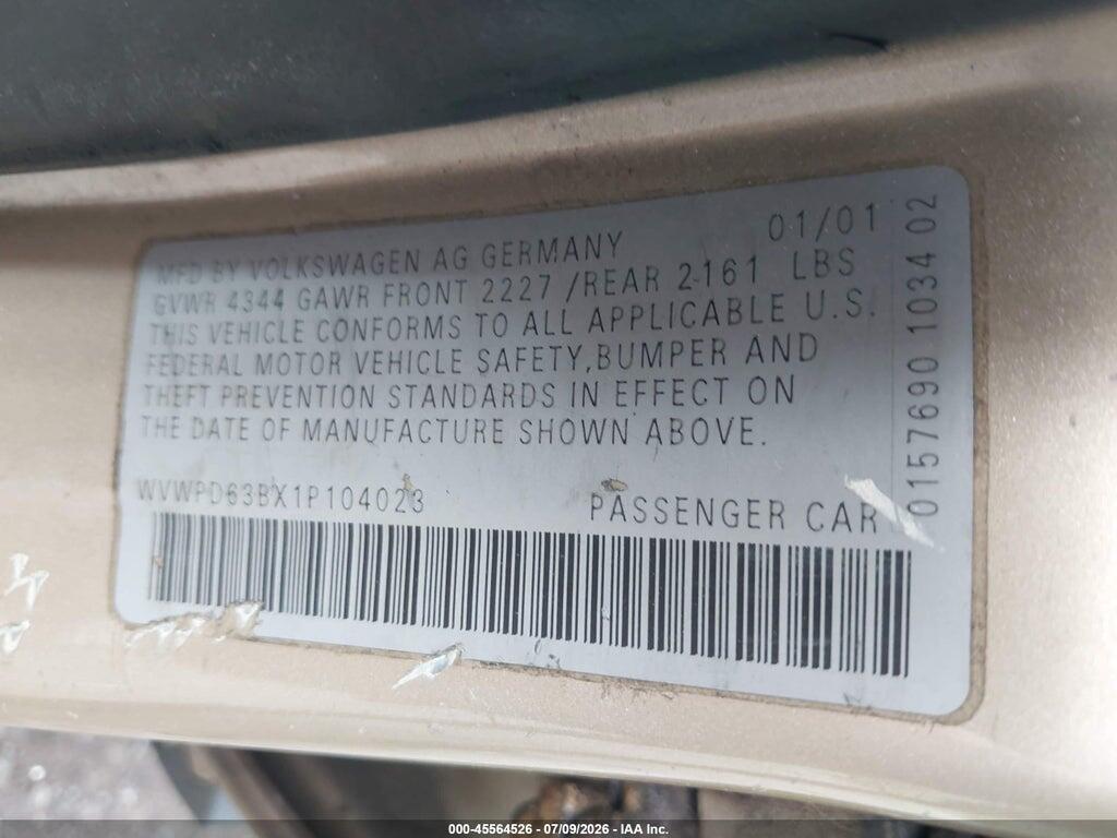 WVWPD63BX1P104023 2001 VOLKSWAGEN PASSAT photo no. 9
