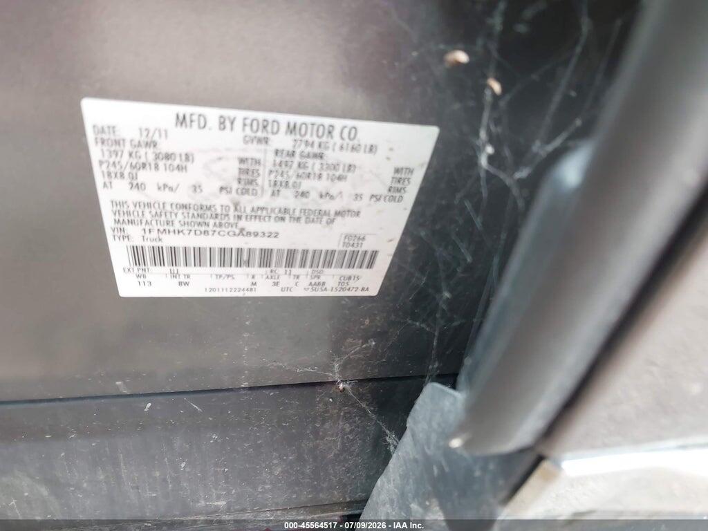 1FMHK7D87CGA89322 2012 FORD EXPLORER photo no. 9