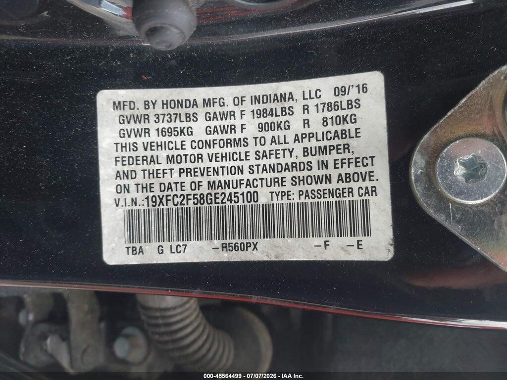 19XFC2F58GE245100 2016 HONDA CIVIC photo no. 9