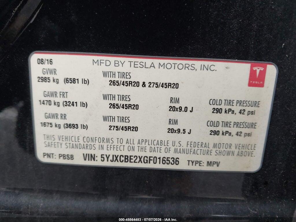 5YJXCBE2XGF016536 2016 TESLA MODEL X photo no. 9