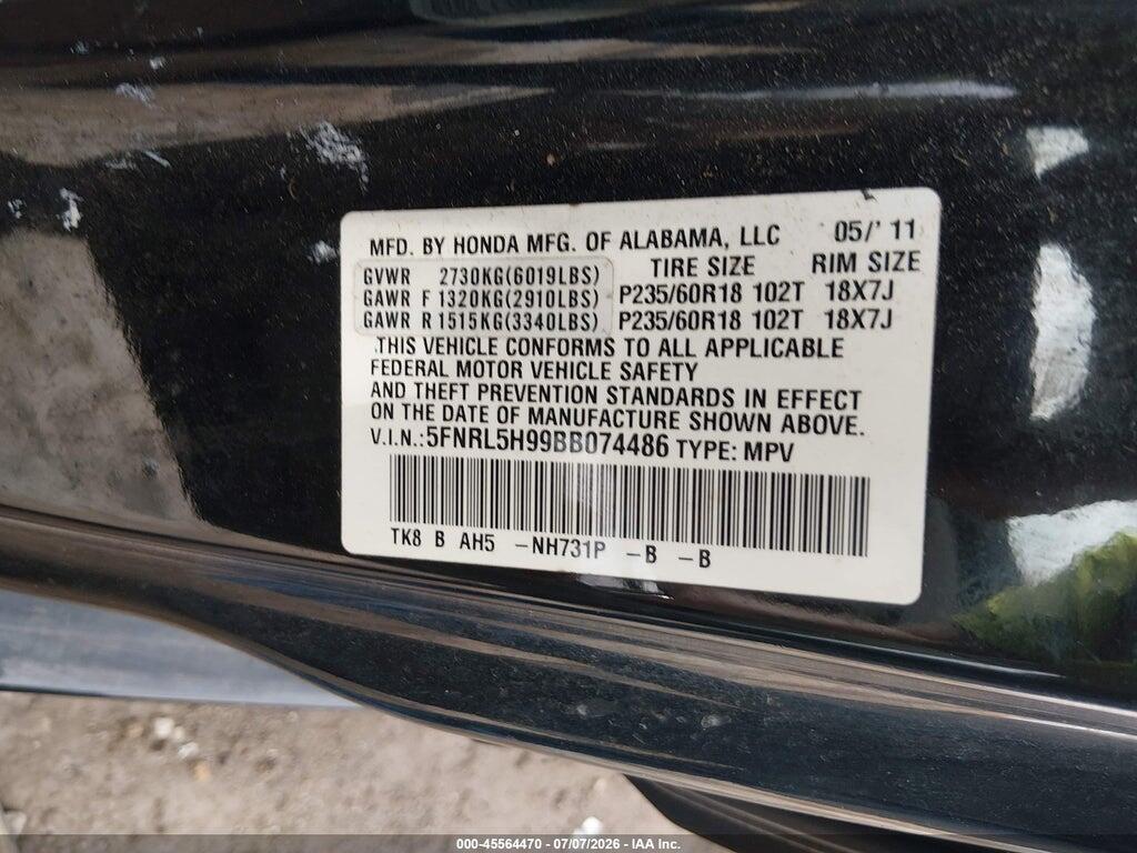 5FNRL5H99BB074486 2011 HONDA ODYSSEY photo no. 9