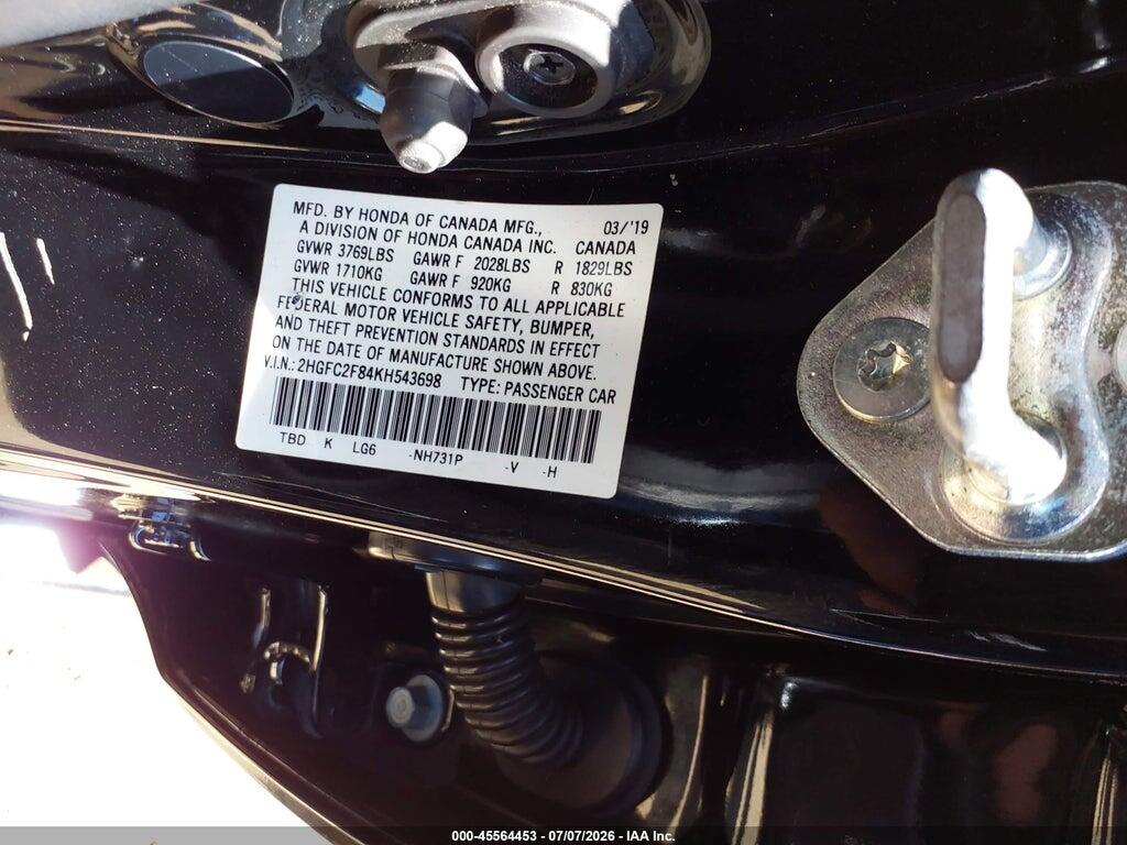 2HGFC2F84KH543698 2019 HONDA CIVIC photo no. 9