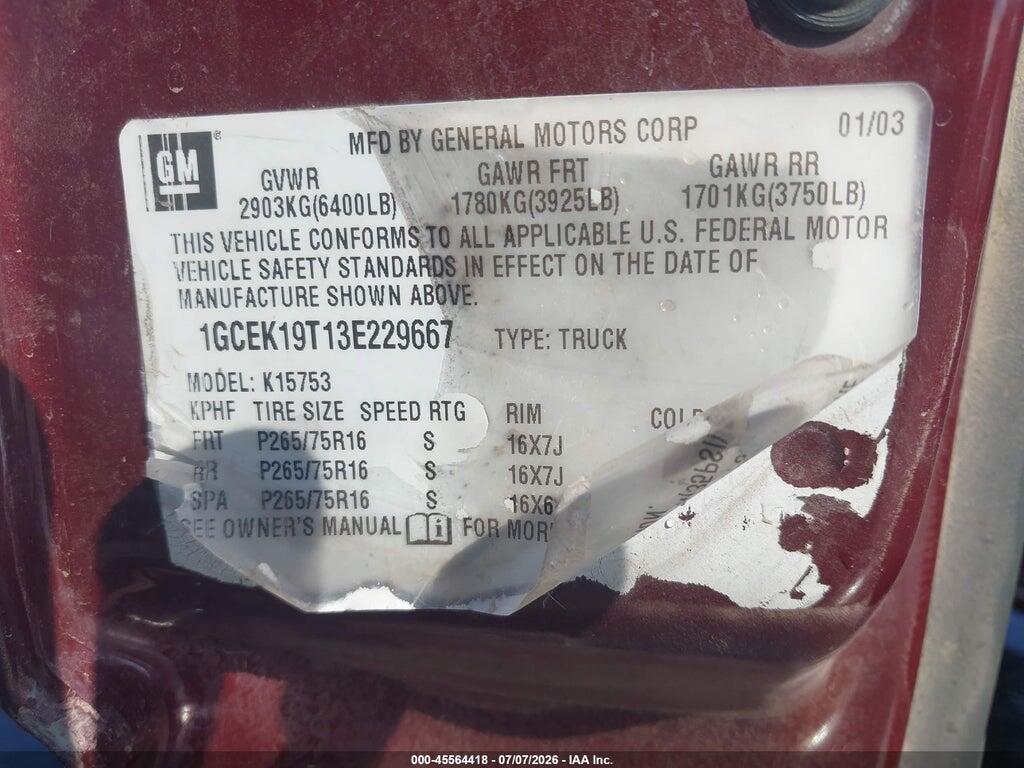 1GCEK19T13E229667 2003 CHEVROLET SILVERADO 1500 photo no. 9
