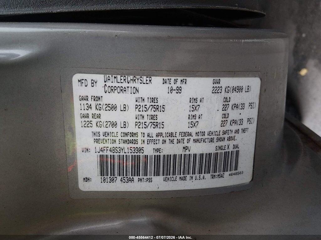 1J4FF48S3YL153305 2000 JEEP CHEROKEE photo no. 9