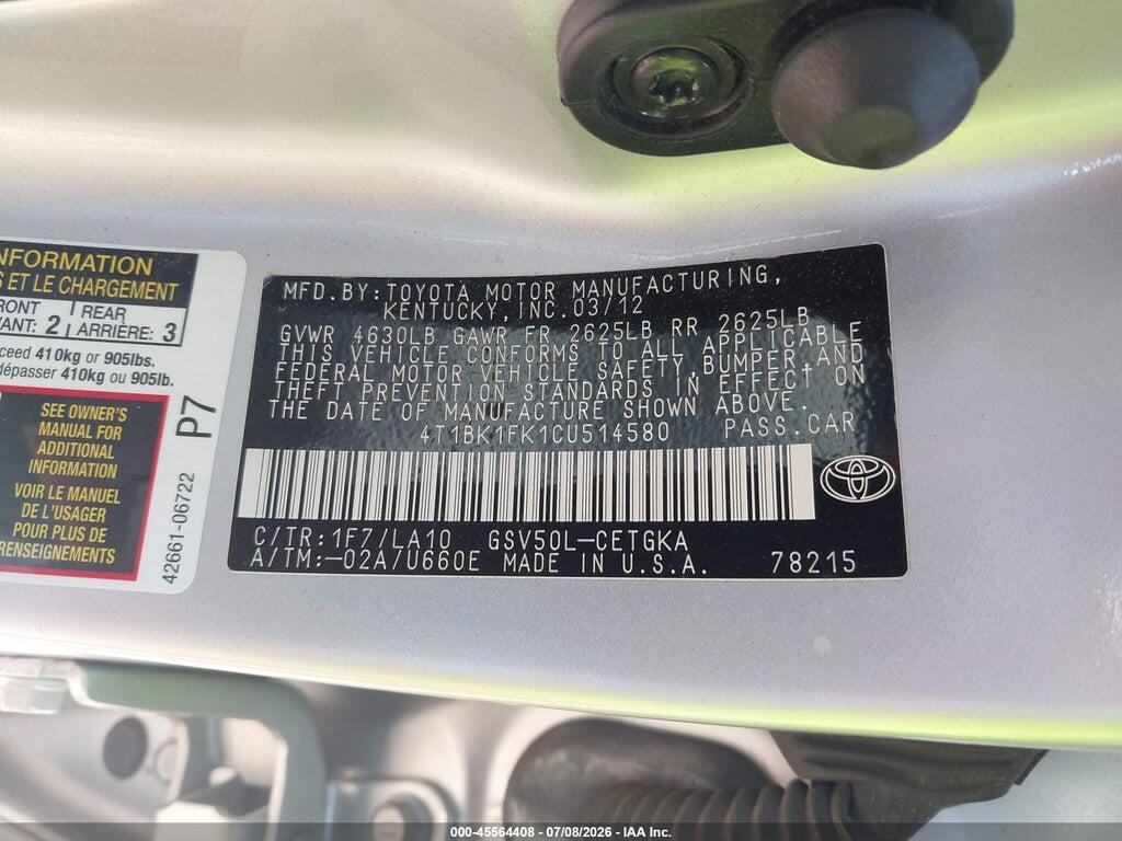 4T1BK1FK1CU514580 2012 TOYOTA CAMRY photo no. 9