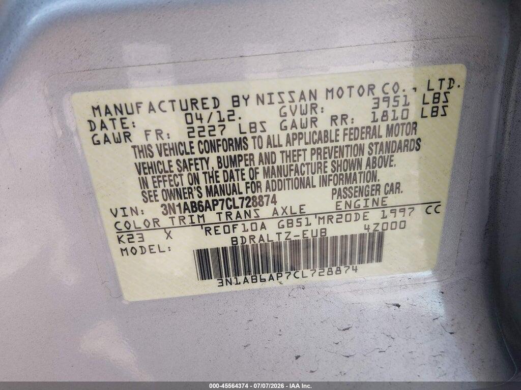 3N1AB6AP7CL728874 2012 NISSAN SENTRA photo no. 9