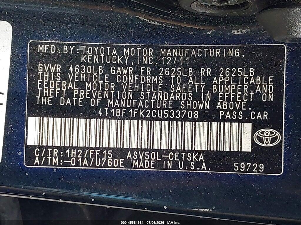 4T1BF1FK2CU533708 2012 TOYOTA CAMRY photo no. 9