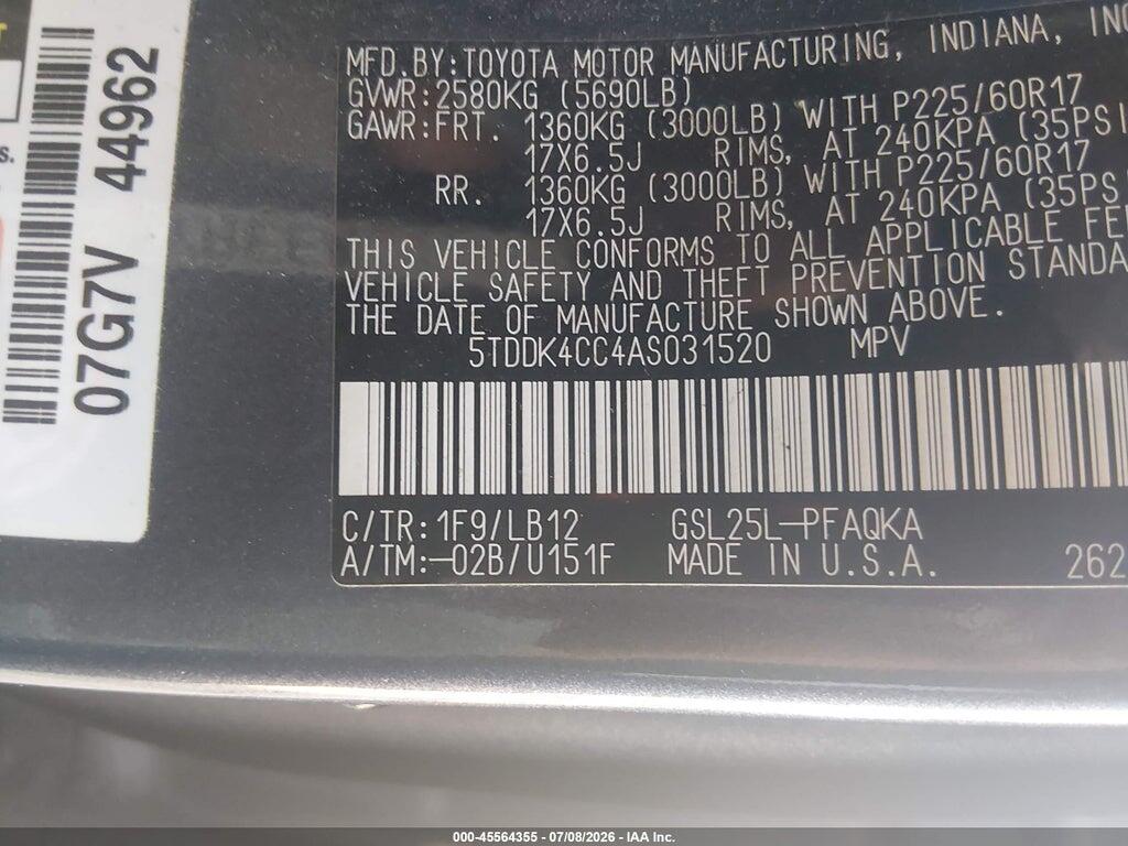 5TDDK4CC4AS031520 2010 TOYOTA SIENNA photo no. 9