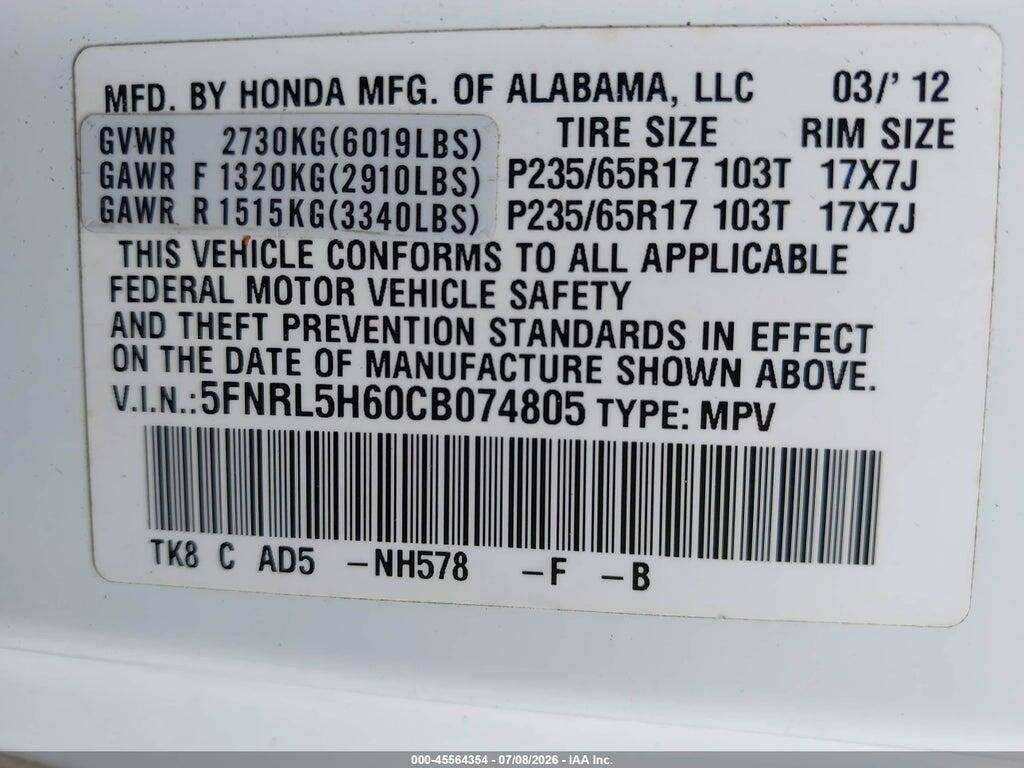 5FNRL5H60CB074805 2012 HONDA ODYSSEY photo no. 9