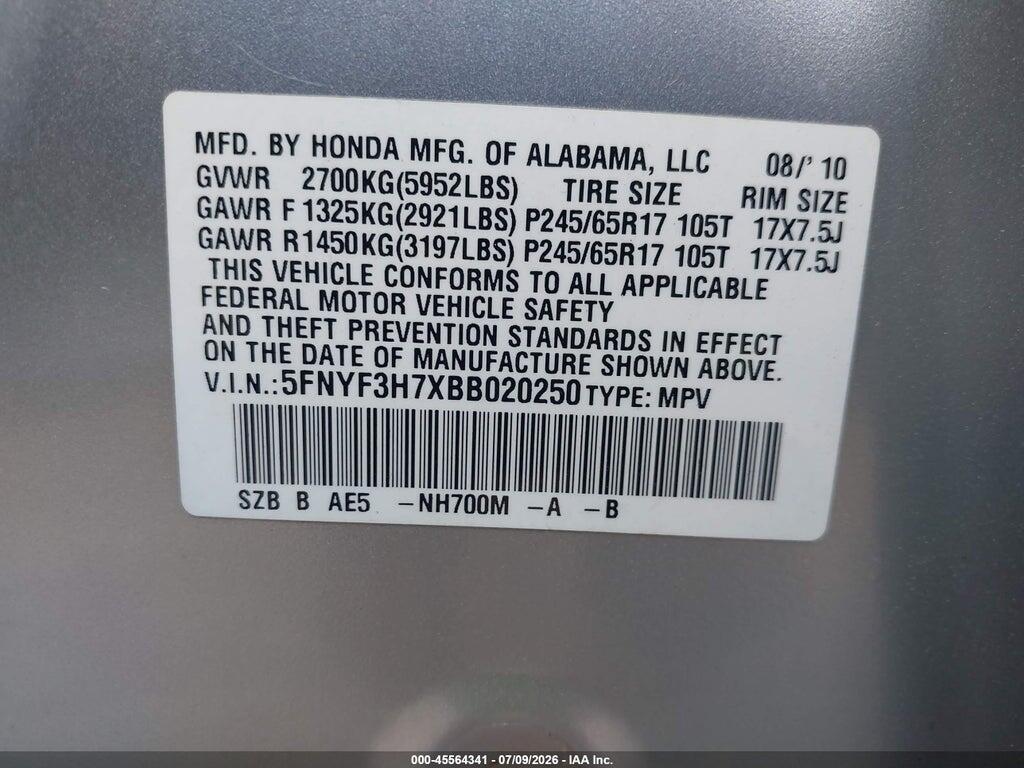 5FNYF3H7XBB020250 2011 HONDA PILOT photo no. 9