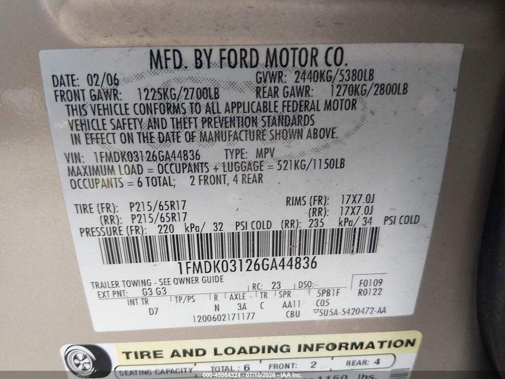 1FMDK03126GA44836 2006 FORD FREESTYLE photo no. 9