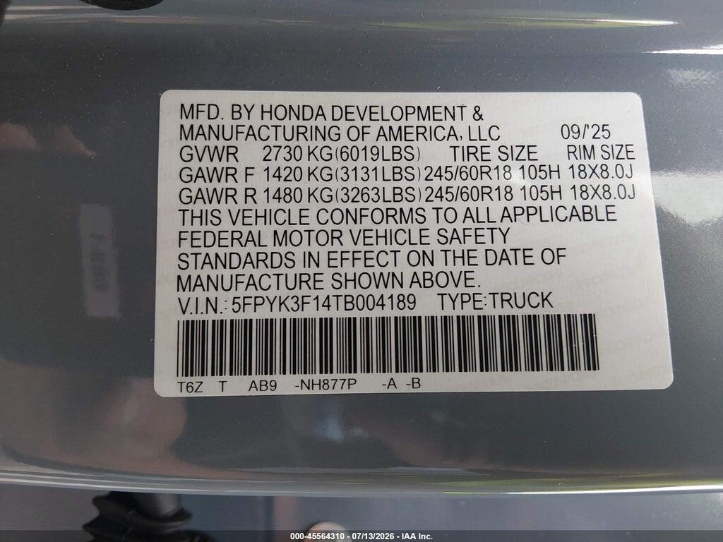 5FPYK3F14TB004189 2026 HONDA RIDGELINE photo no. 9