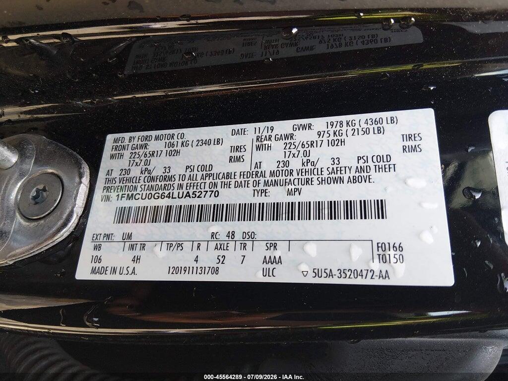 1FMCU0G64LUA52770 2020 FORD ESCAPE photo no. 9