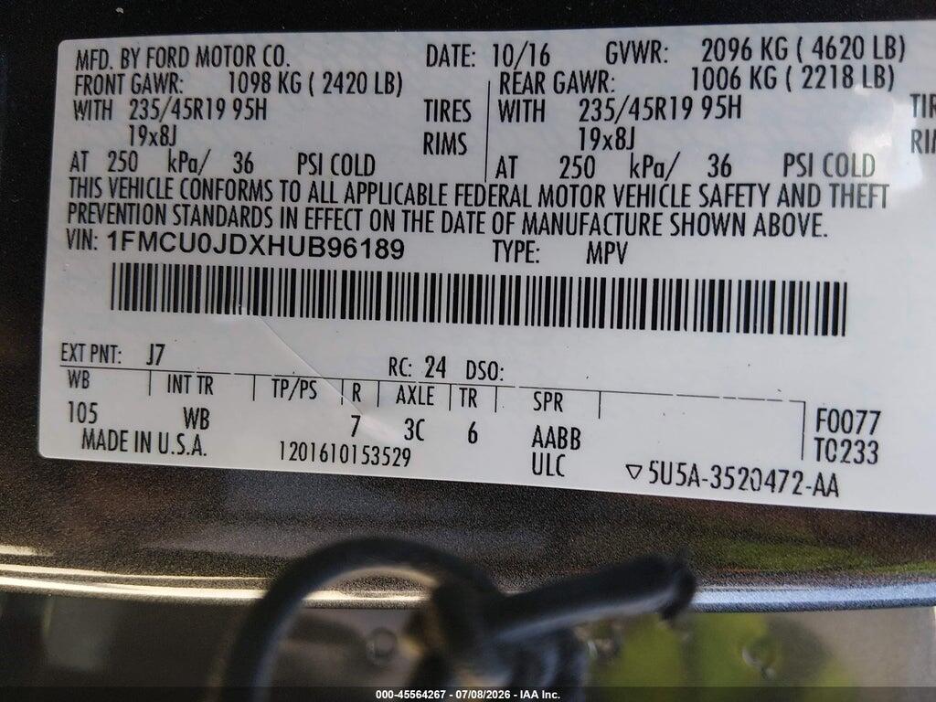 1FMCU0JDXHUB96189 2017 FORD ESCAPE photo no. 9