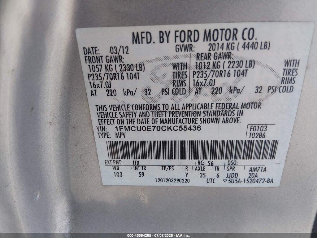 1FMCU0E70CKC55436 2012 FORD ESCAPE photo no. 9