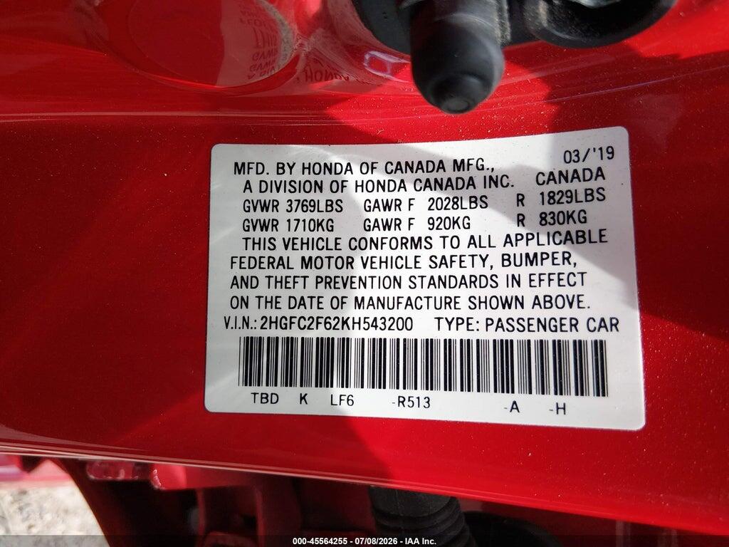 2HGFC2F62KH543200 2019 HONDA CIVIC photo no. 9