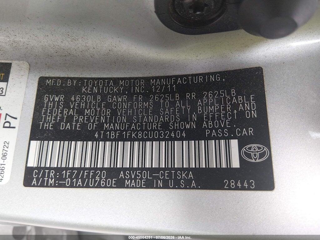 4T1BF1FK8CU032404 2012 TOYOTA CAMRY photo no. 9