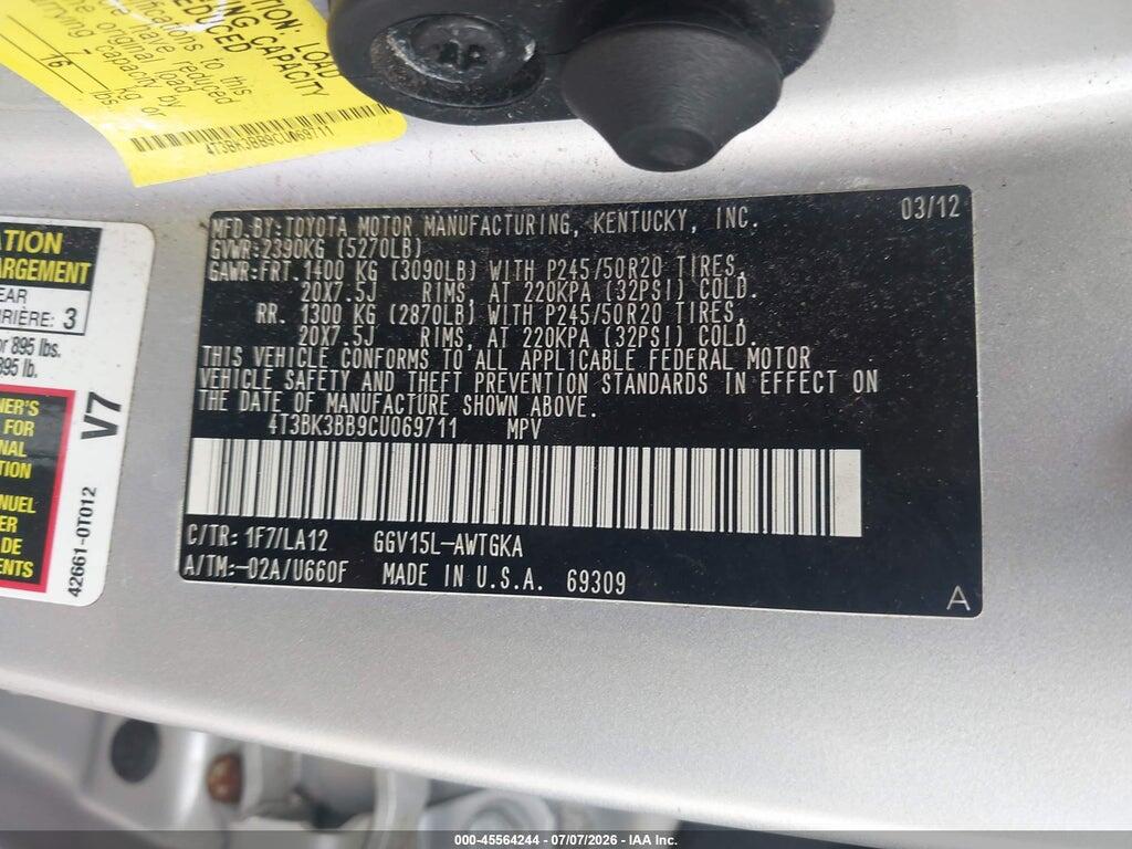 4T3BK3BB9CU069711 2012 TOYOTA VENZA photo no. 9
