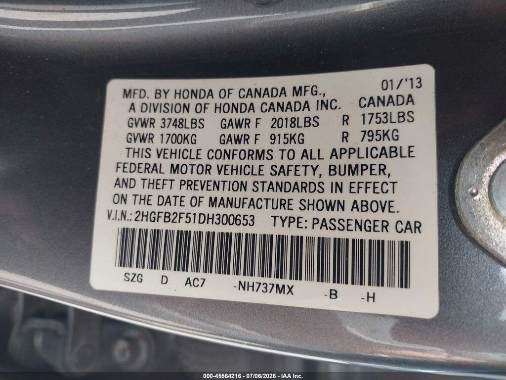 2HGFB2F51DH300653 2013 HONDA CIVIC photo no. 9