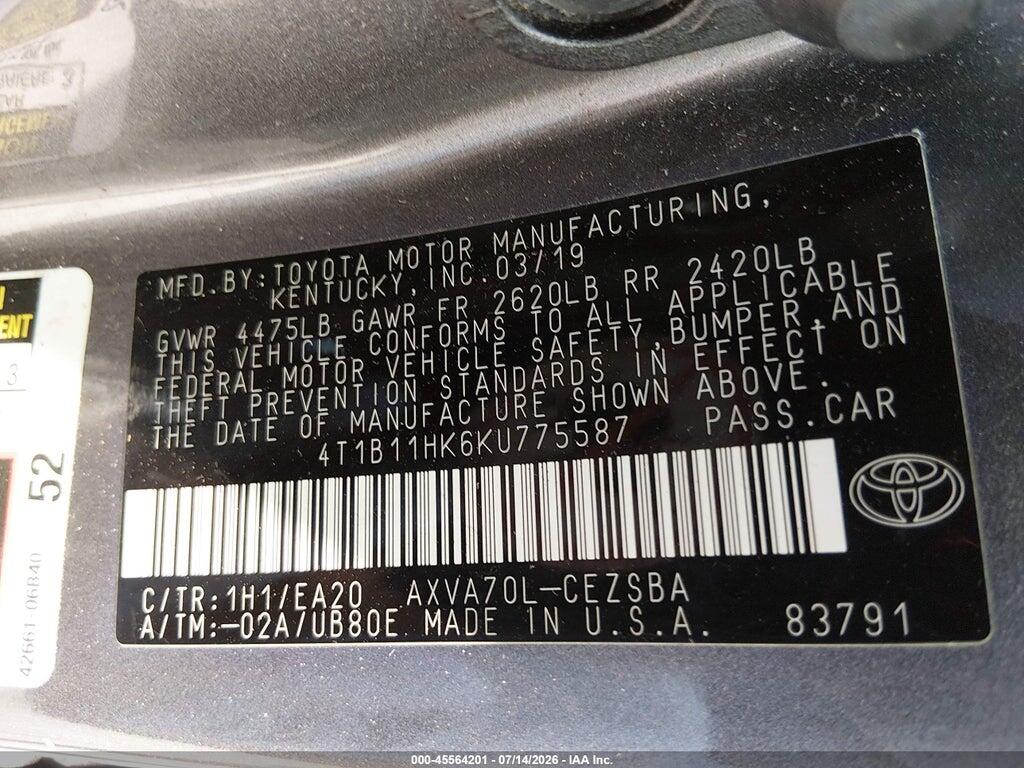 4T1B11HK6KU775587 2019 TOYOTA CAMRY photo no. 9