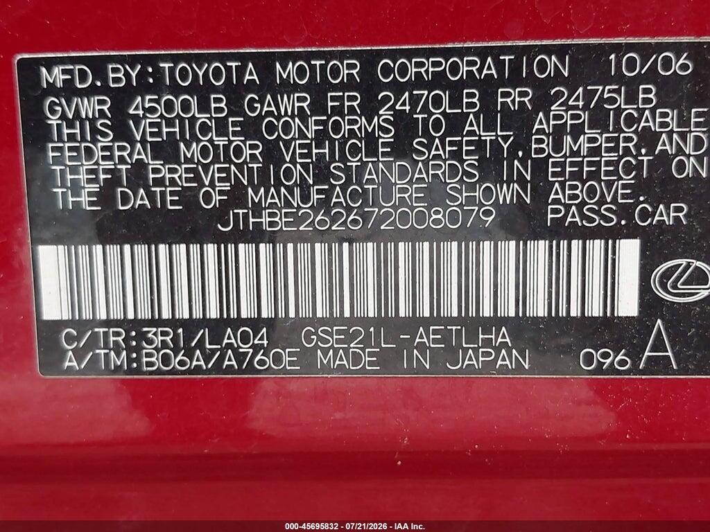JTHBE262672008079 2007 LEXUS IS 350 photo no. 9