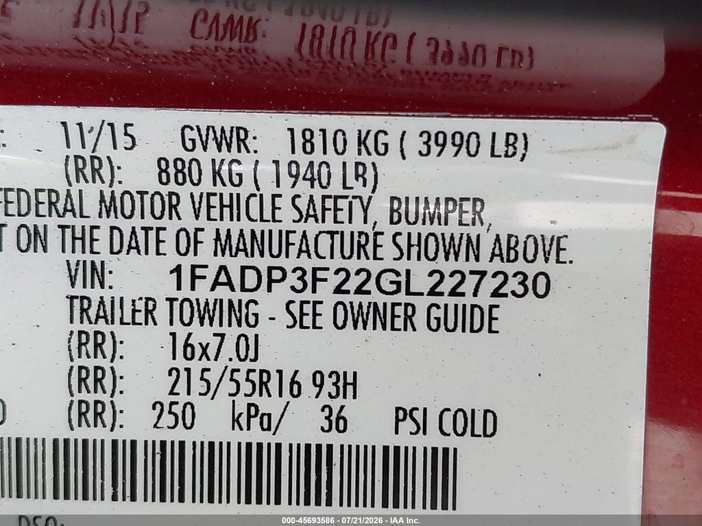 1FADP3F22GL227230 2016 FORD FOCUS photo no. 9