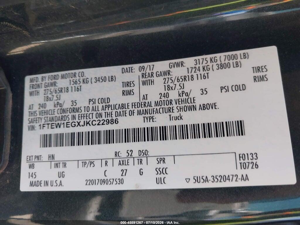 1FTEW1EGXJKC22986 2018 FORD F-150 photo no. 9