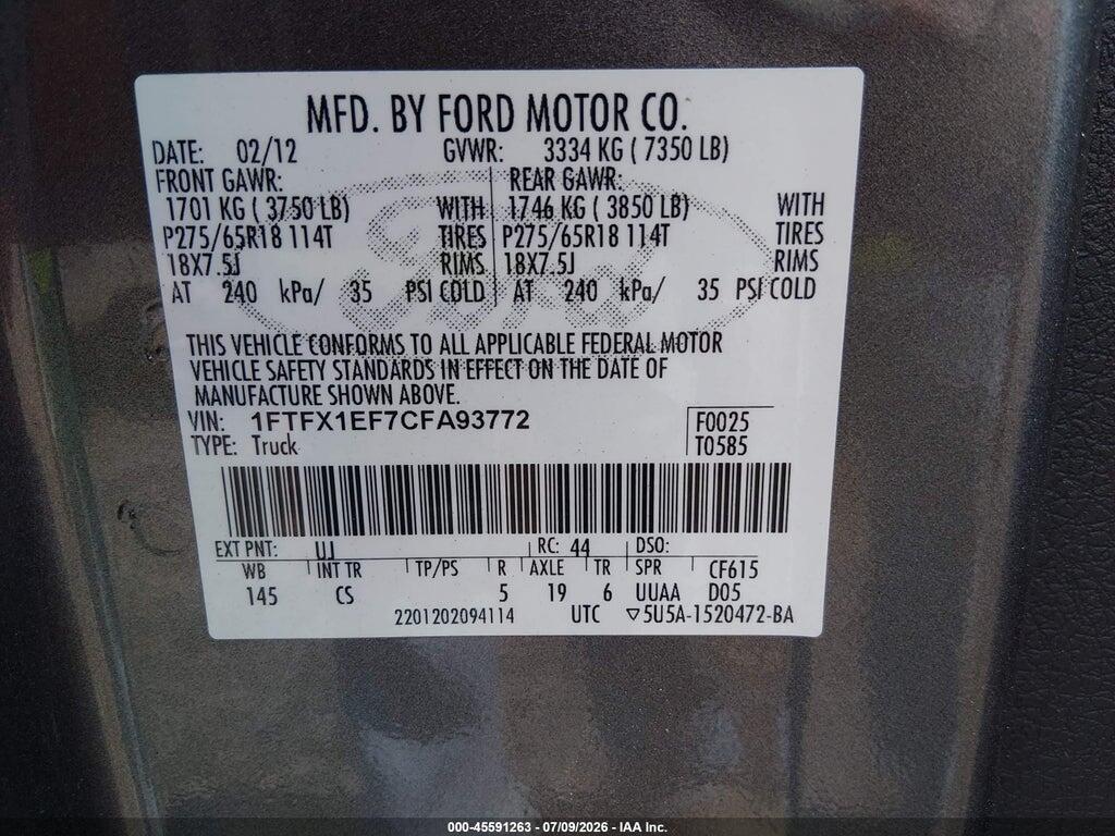 1FTFX1EF7CFA93772 2012 FORD F-150 photo no. 9