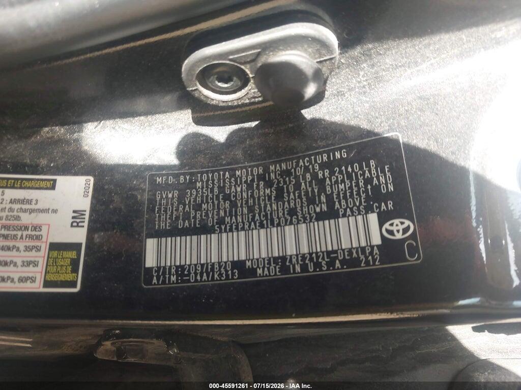 5YFEPRAE1LP076532 2020 TOYOTA COROLLA photo no. 9