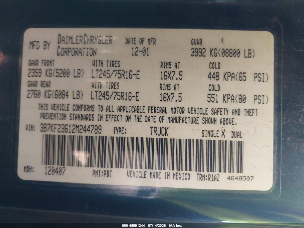 3B7KF23612M244789 2002 DODGE RAM 2500 photo no. 9