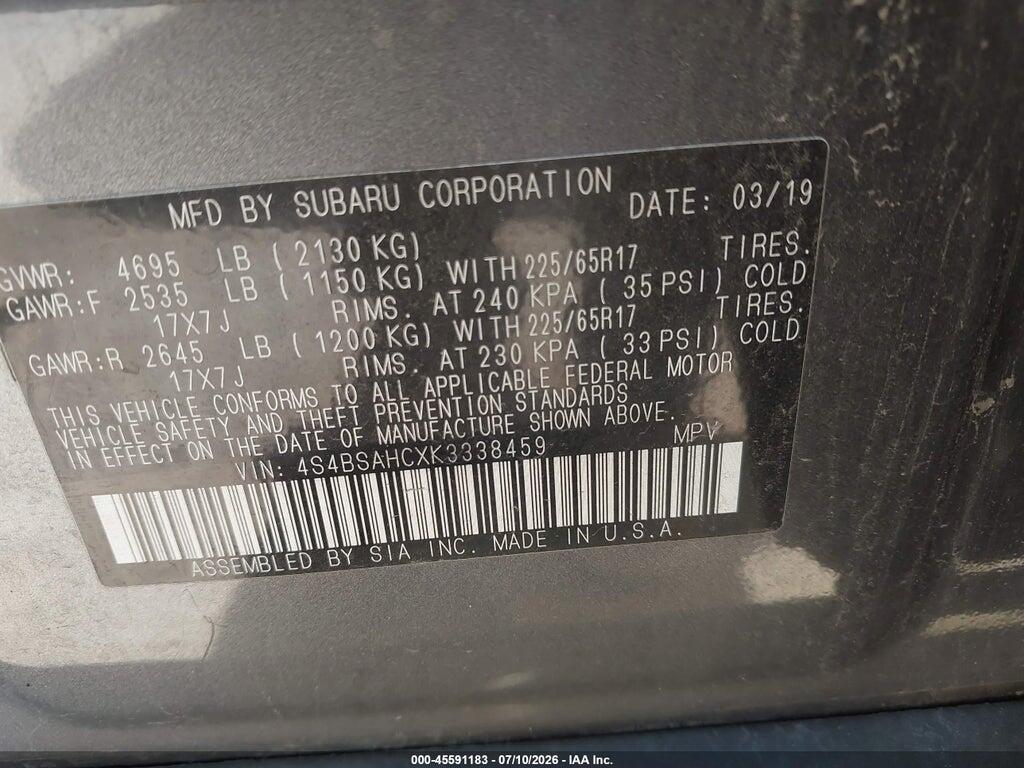4S4BSAHCXK3338459 2019 SUBARU OUTBACK photo no. 9