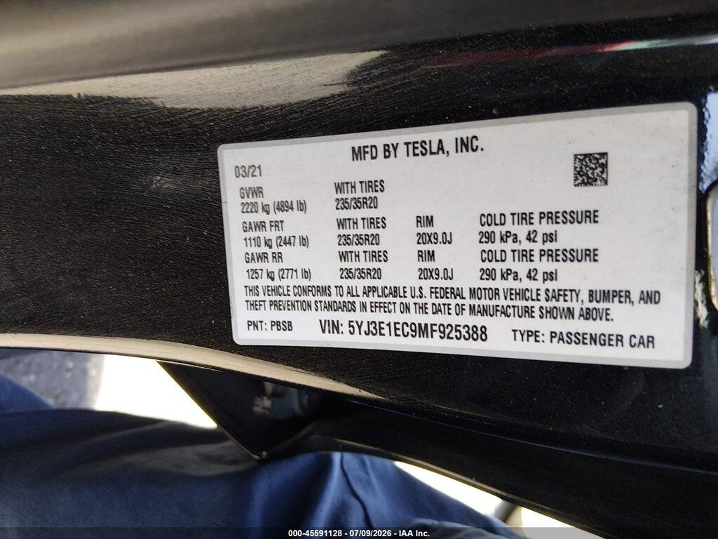 5YJ3E1EC9MF925388 2021 TESLA MODEL 3 photo no. 9