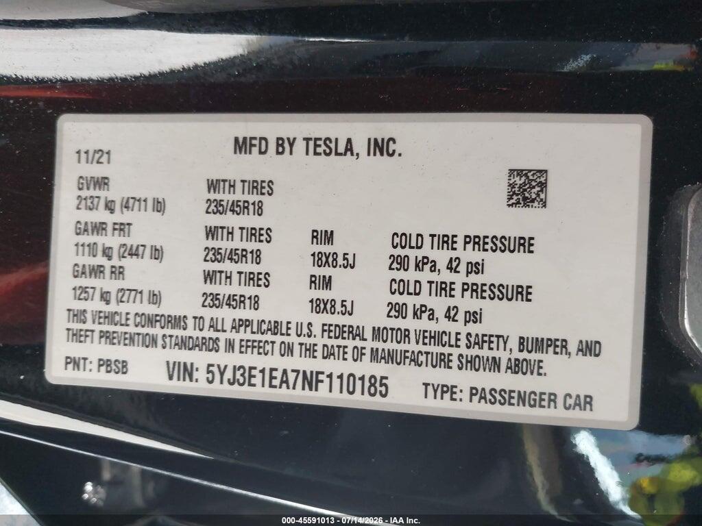 5YJ3E1EA7NF110185 2022 TESLA MODEL 3 photo no. 9