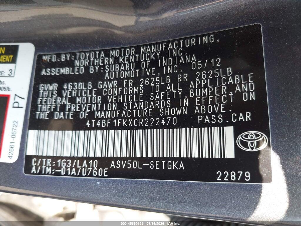 4T4BF1FKXCR222470 2012 TOYOTA CAMRY photo no. 9