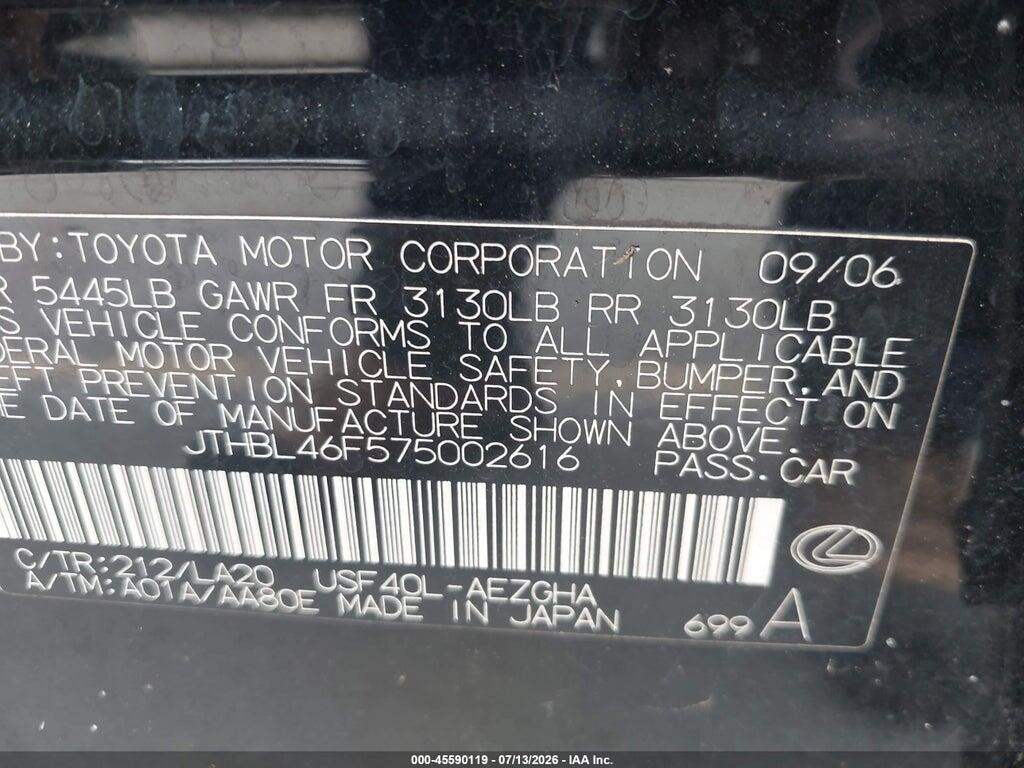 JTHBL46F575002616 2007 LEXUS LS 460 photo no. 9