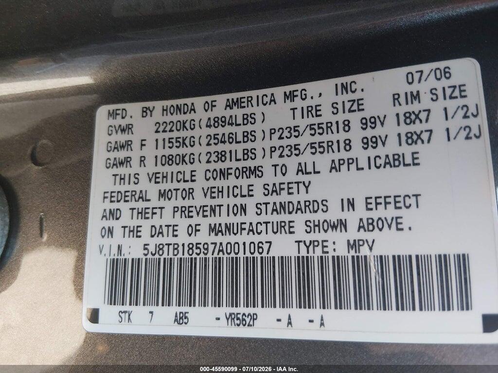 5J8TB18597A001067 2007 ACURA RDX photo no. 9